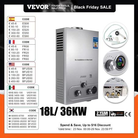 Ohrievač vody VEVOR bez nádrže: Okamžitý 36 kW LPG plyn pre domácnosť a kemping